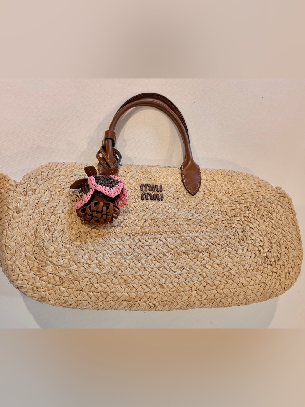 Miu Miu Rattan Tote with Cognac Leather Handles + leather strawberry bag charm